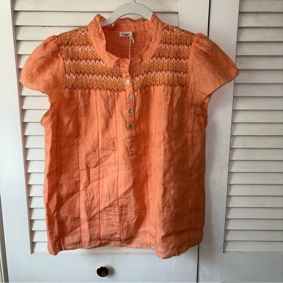 NWT Faherty Kaia Embroidered Linen Top Rhythm Orange size Large Boho Peasant - Picture 3 of 6